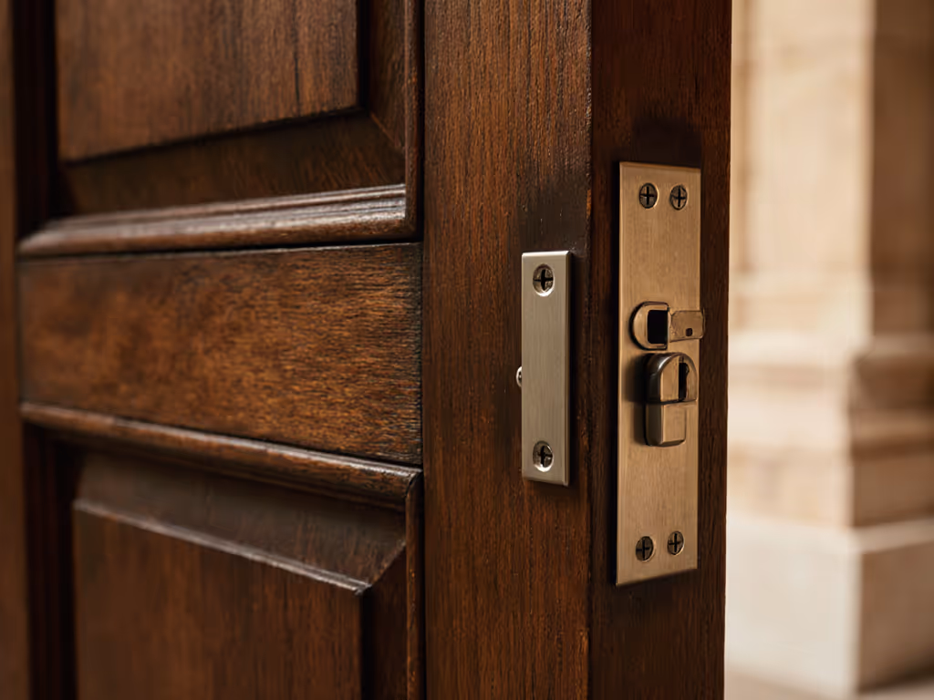 church_door_with_non-destructive_smart_lock_retrofit_demonstrating_strike_plate_alignment